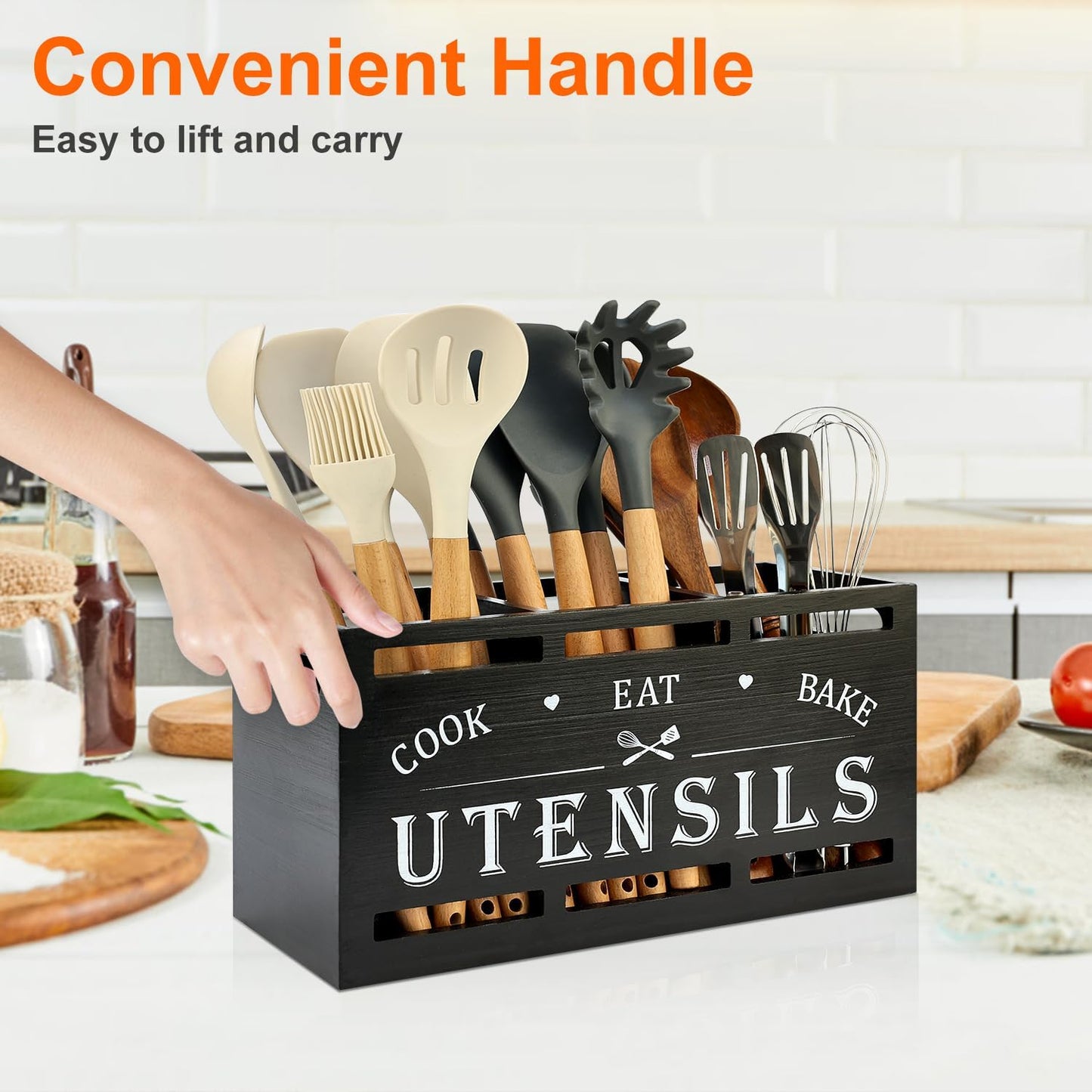 Large Black Wood Utensil Holder for Kitchen Decor Spoon Spatula Organizer | Wooden Cooking Utensils Holder for Kitchen