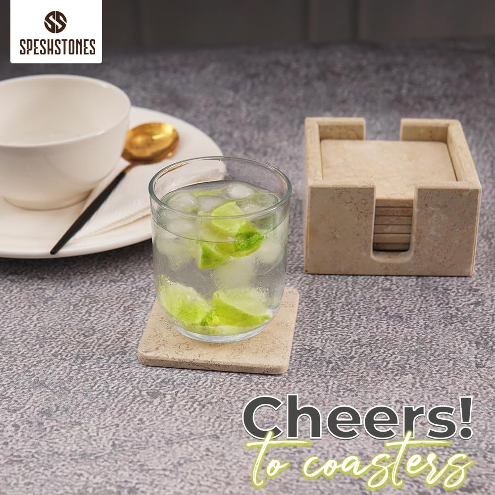 Holder / Stone Drink Coasters / Travertine Coasters with Holder / 3.5 Inch / Set of 6