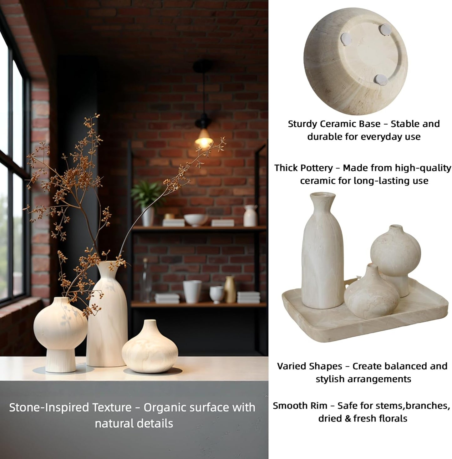 White Ceramic Vase in Beige / White with Stone Texture / 3 Inch / Set of 3