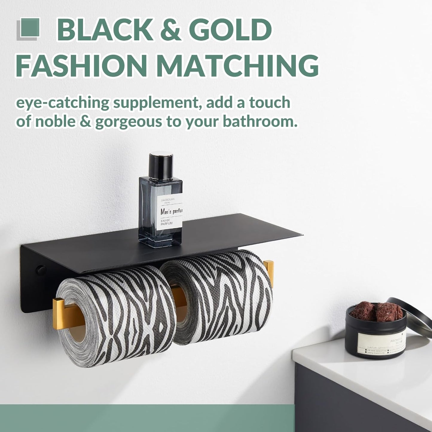 APLusee Double Toilet Paper Holder with Shelf, Black Gold, Wall Mounted | 304 Stainless Steel Tissue Holder, Rustproof