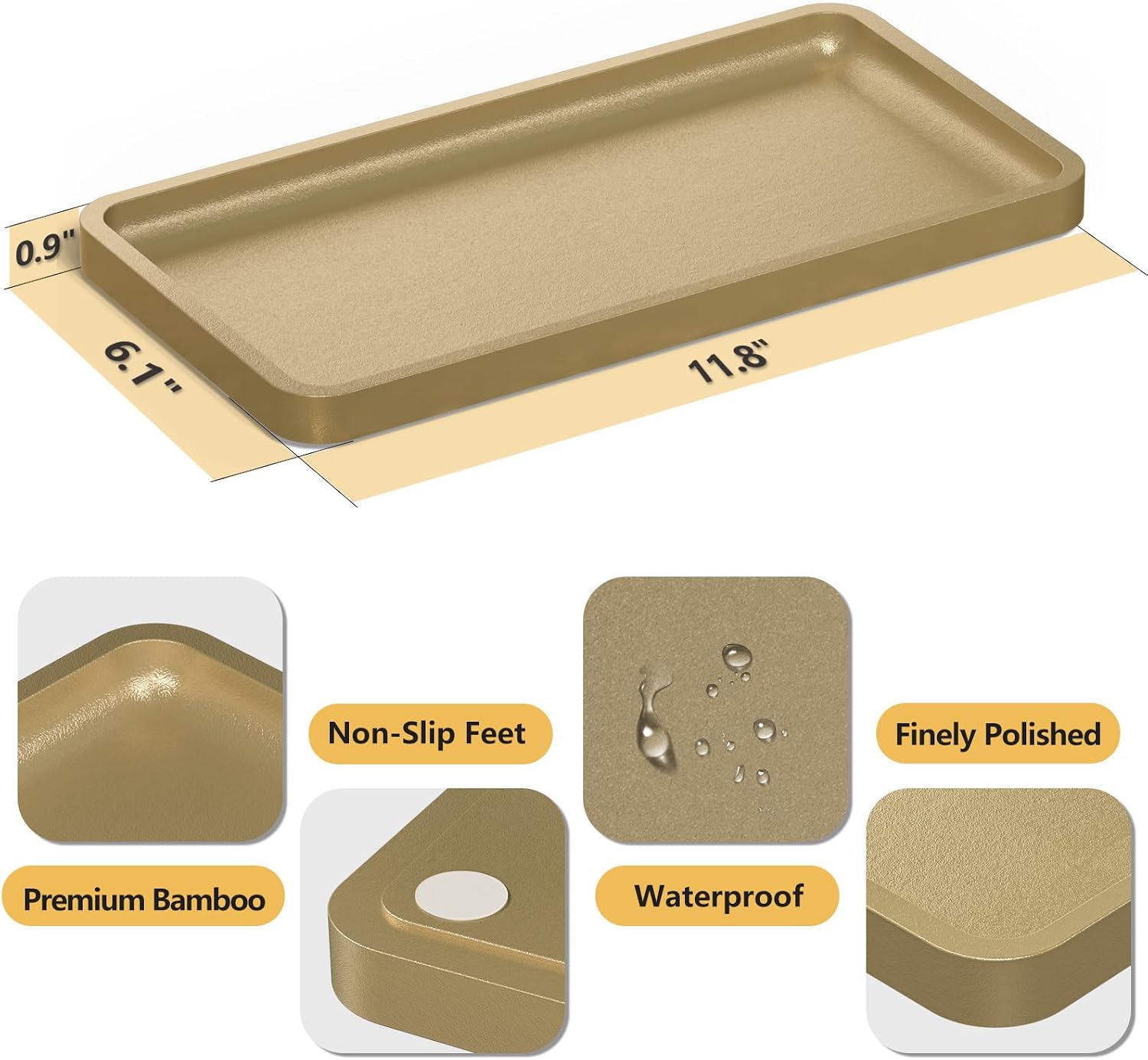 Bamboo Kitchen Tray for Soap / Gold / 11.8 x 6.1 x 0.8