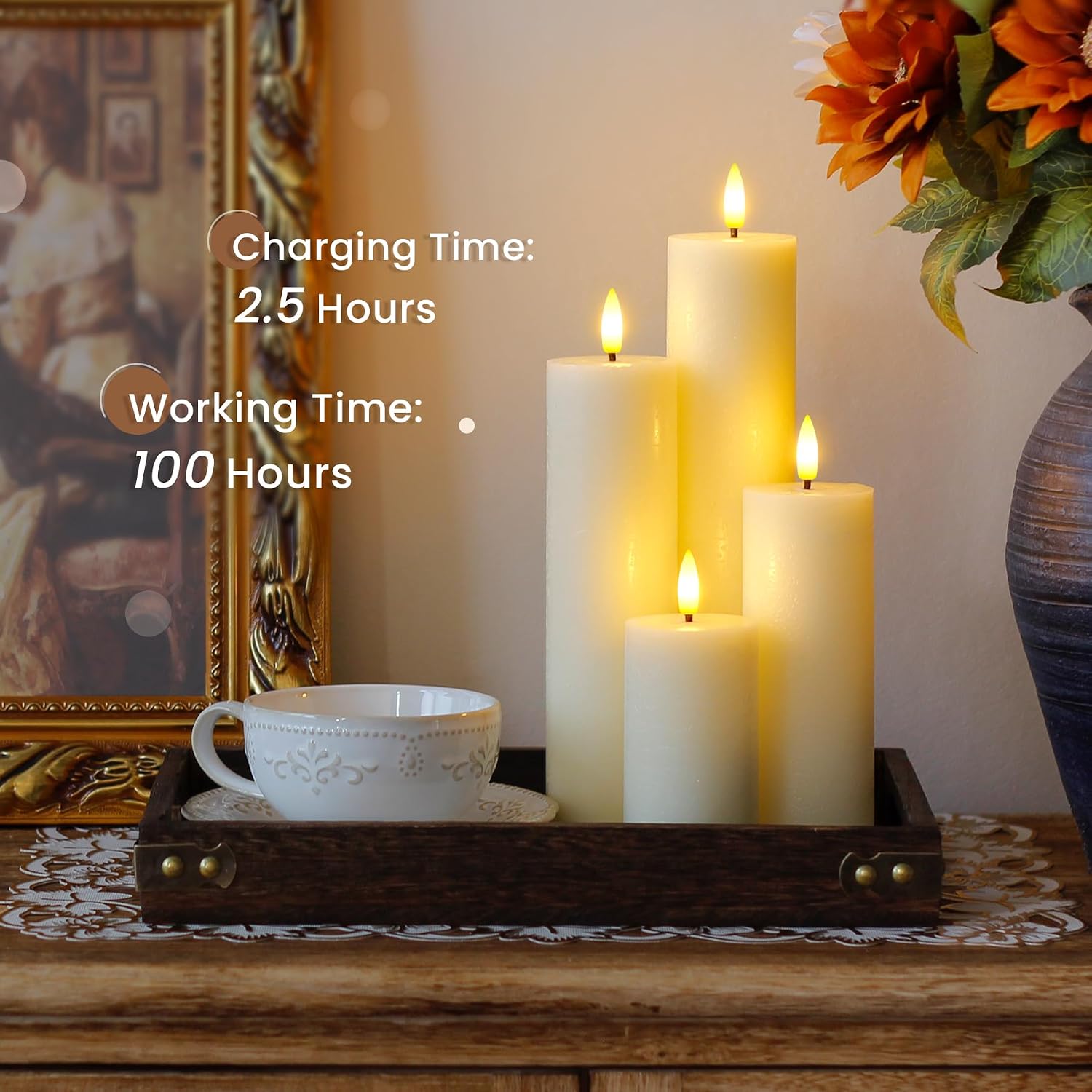 Rechargeable Flameless Flickering Tall Wax Remote 2.2" x4" 6" 8" 10" Ivory Candles, Timer Set of 4 LED Battery Operated
