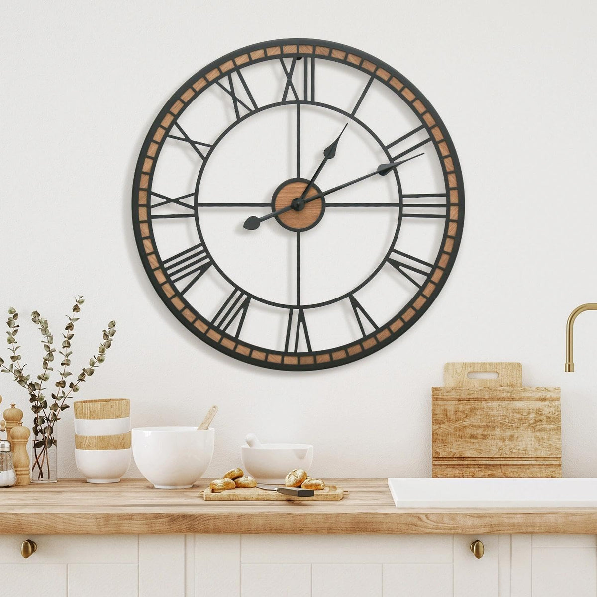 Micasso Decorative Wall Clock: 20 inch Modern Farmhouse Battery Operated | Black Metal with Wood Frame - Roman Numeral