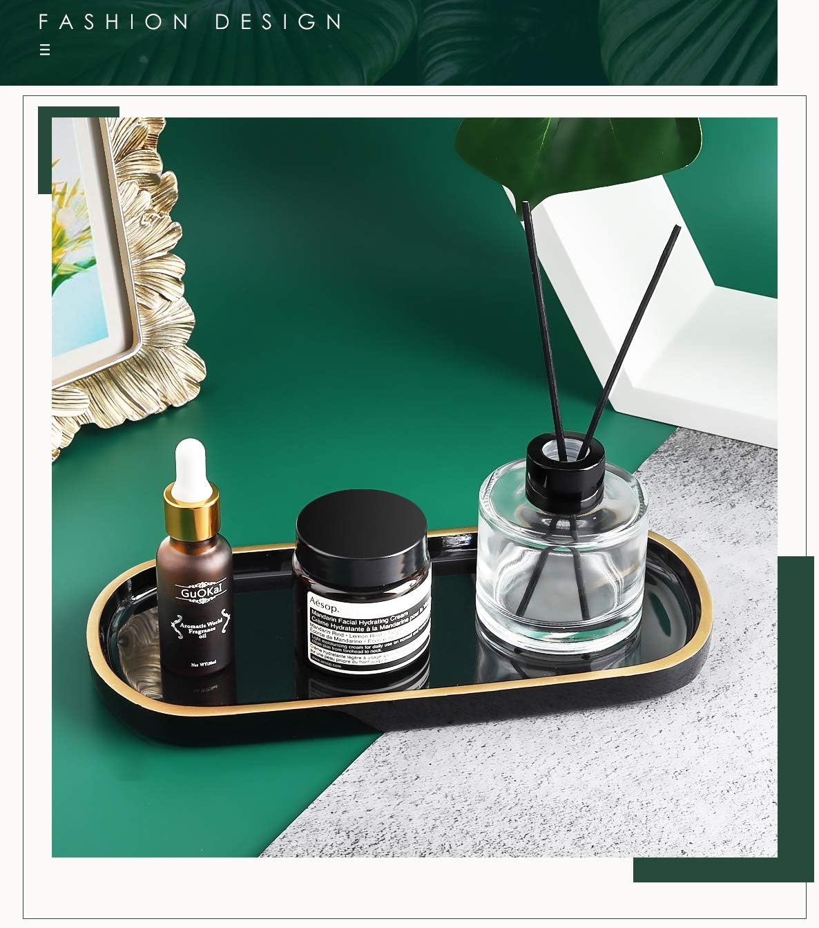 Jewelry Organizer Oval Resin Tray / 9.8 x 4.5 x 0.7 / Black & Gold