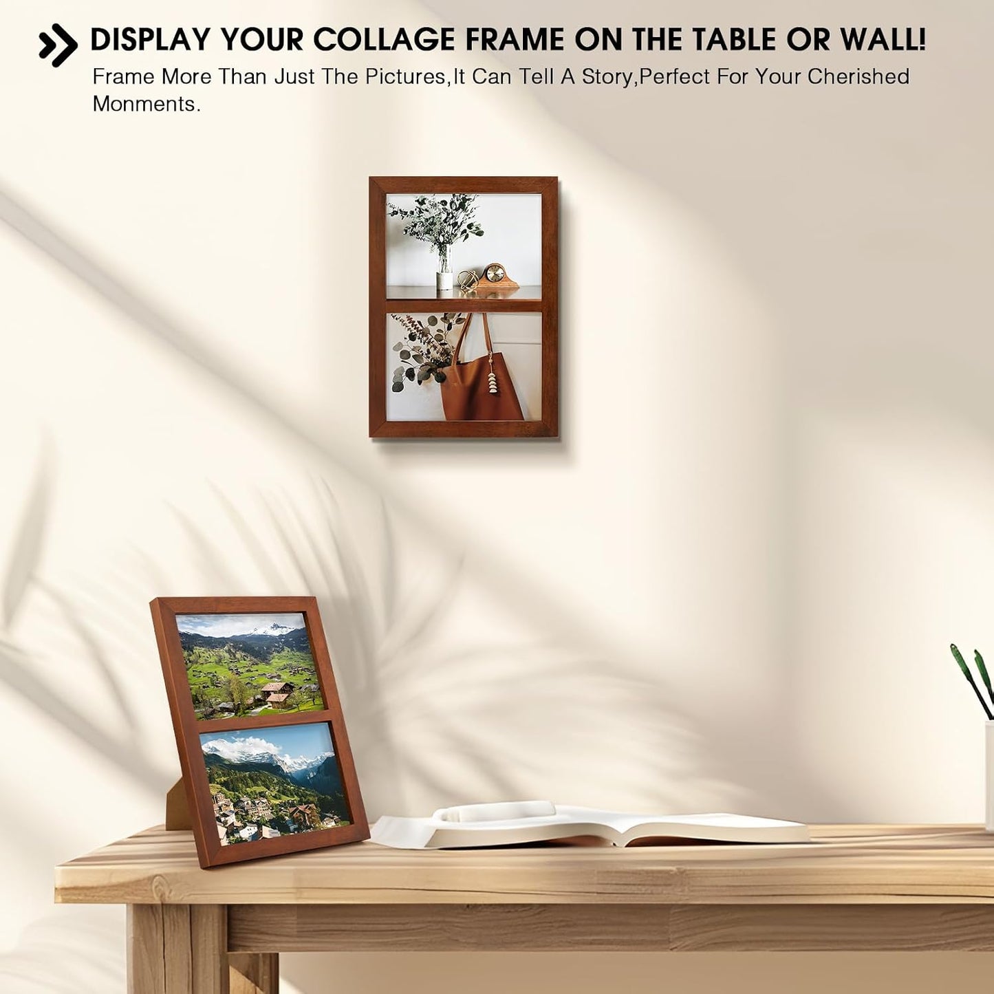 Golden State Art, 5x7 Double Picture Frame, Displays Two 5x7 Photos(Brown) | Solid Wood - Real Glass For Tabletop Or