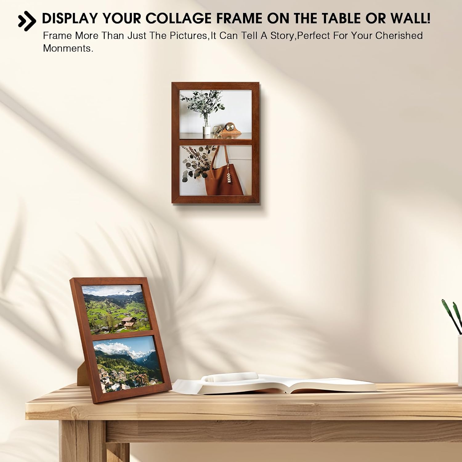 Golden State Art, 5x7 Double Picture Frame, Displays Two 5x7 Photos(Brown) | Solid Wood - Real Glass For Tabletop Or