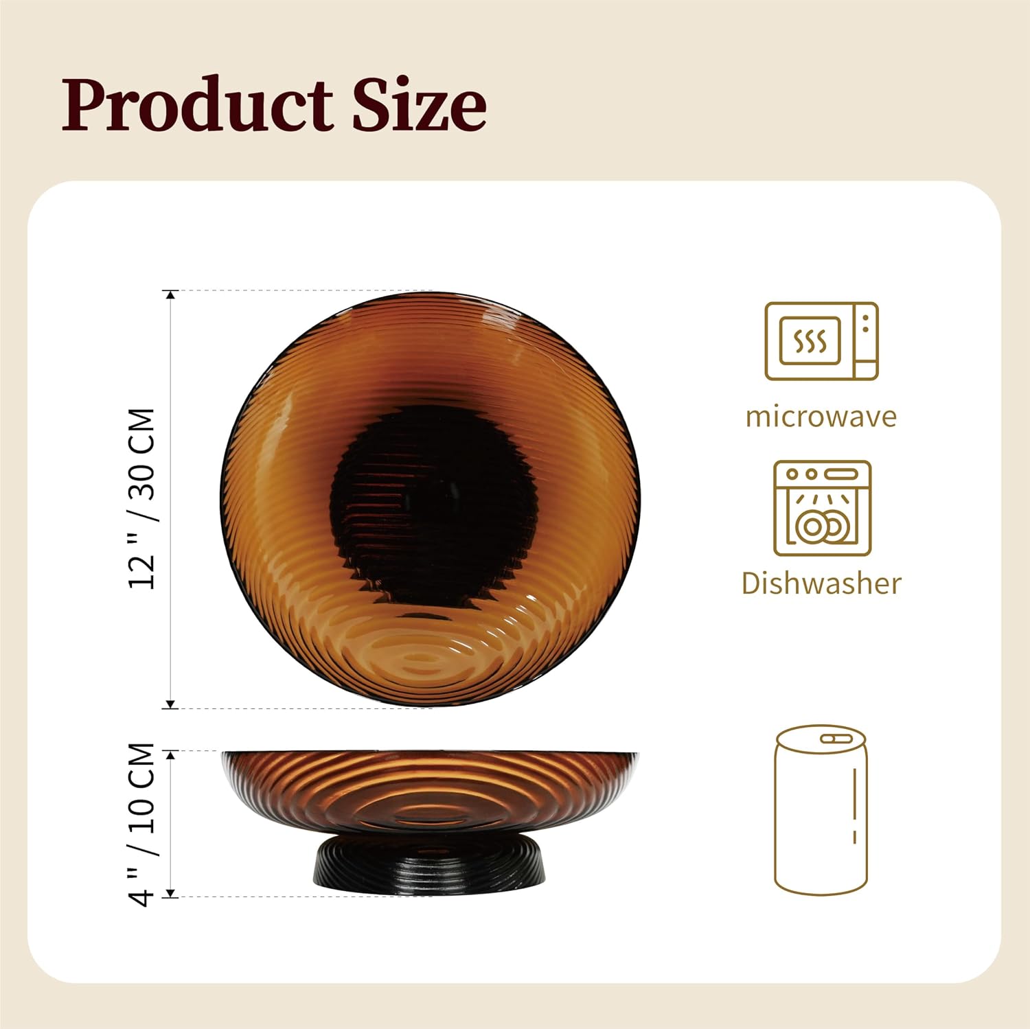 12" Ribbed Pedestal Decorative Bowl / Amber