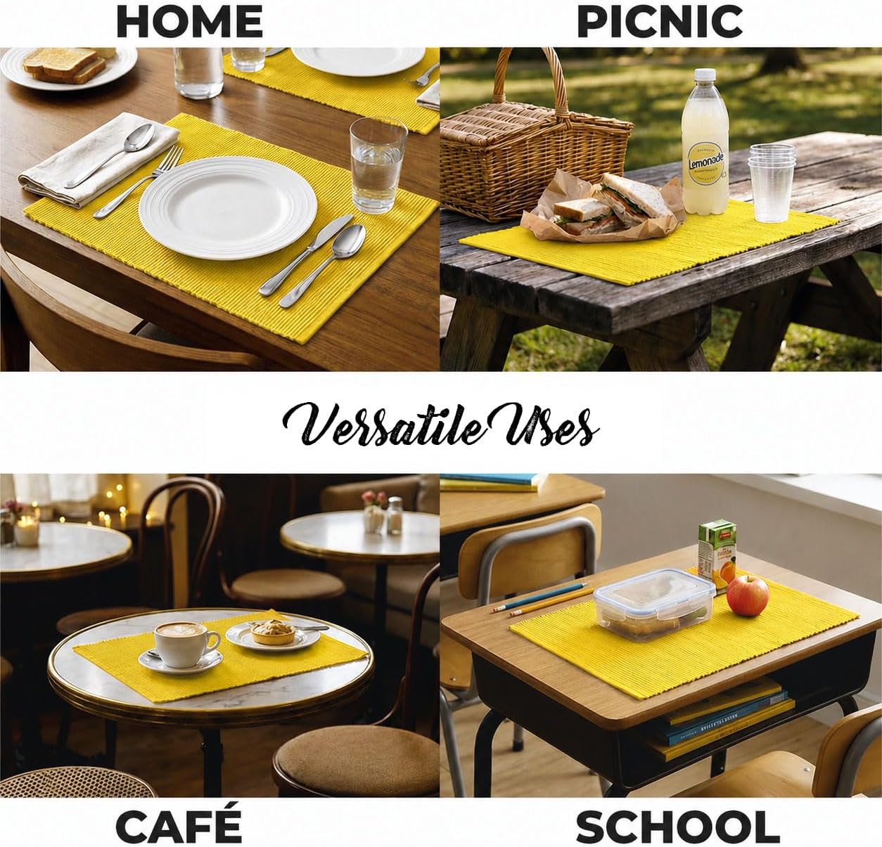 100% Cotton Ribbed Placemats - Set of 4-13 x 19 Inches - Yellow - Everyday/Thanksgiving/Fall Thick Construction Fabric