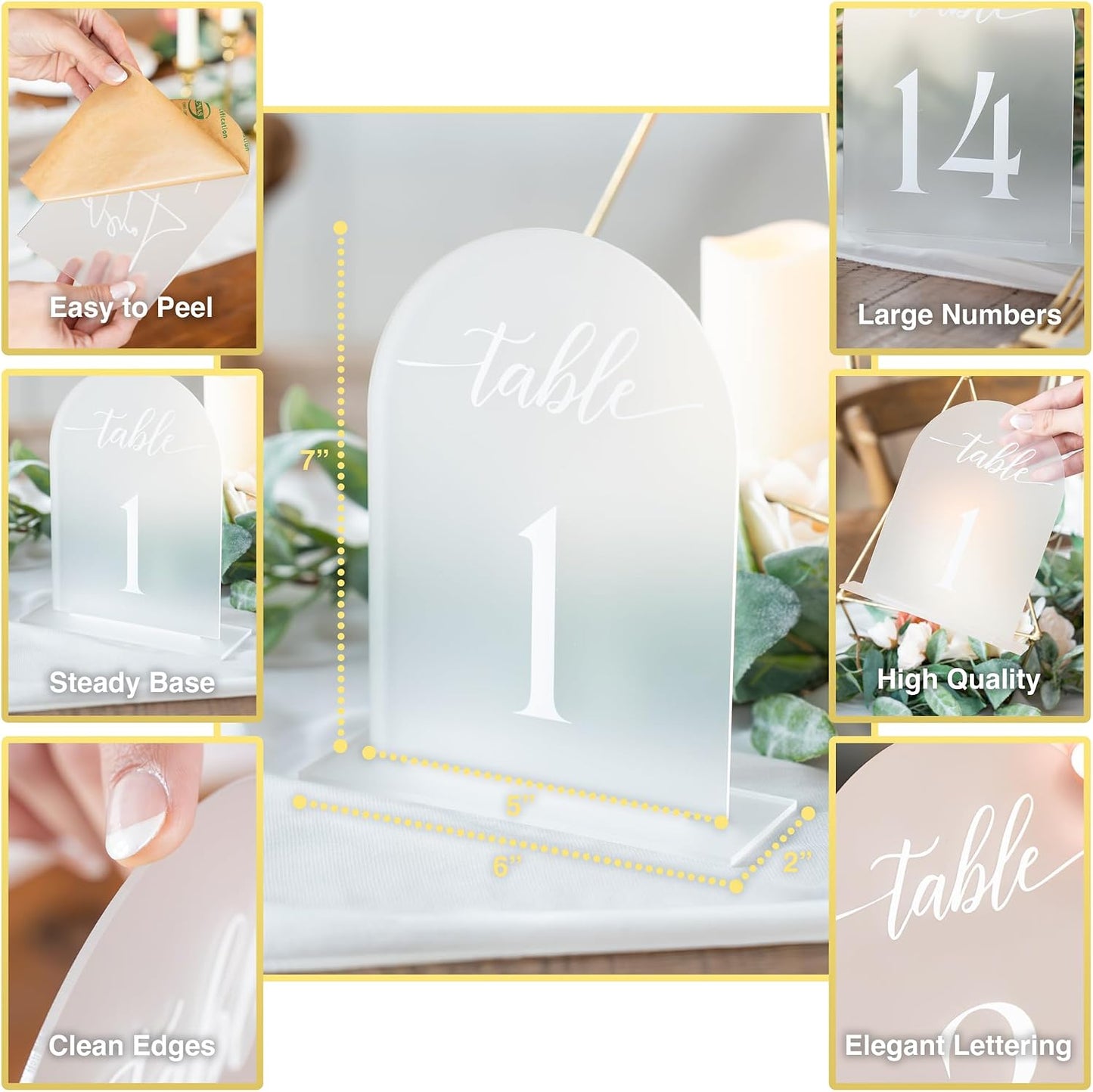 Frosted Arch Acrylic Table Numbers for Wedding Reception - 5" x 7" White Font Centerpiece Set with Holder Stands & Head
