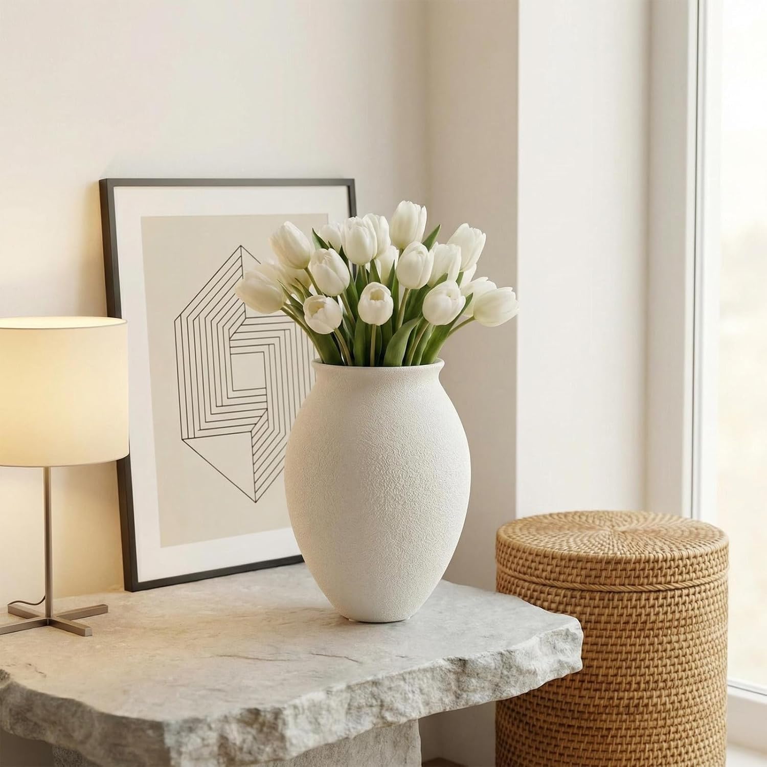 Textured Ceramic Vase / Sandstone White / 10.2 Inch