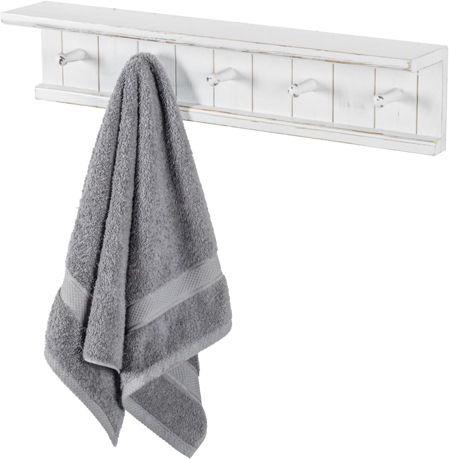 MyGift Wall Mounted White Wood Bathroom Shelf with 5 Hooks Towel Rack | Open Display Shelving with Five Hanging Pegs