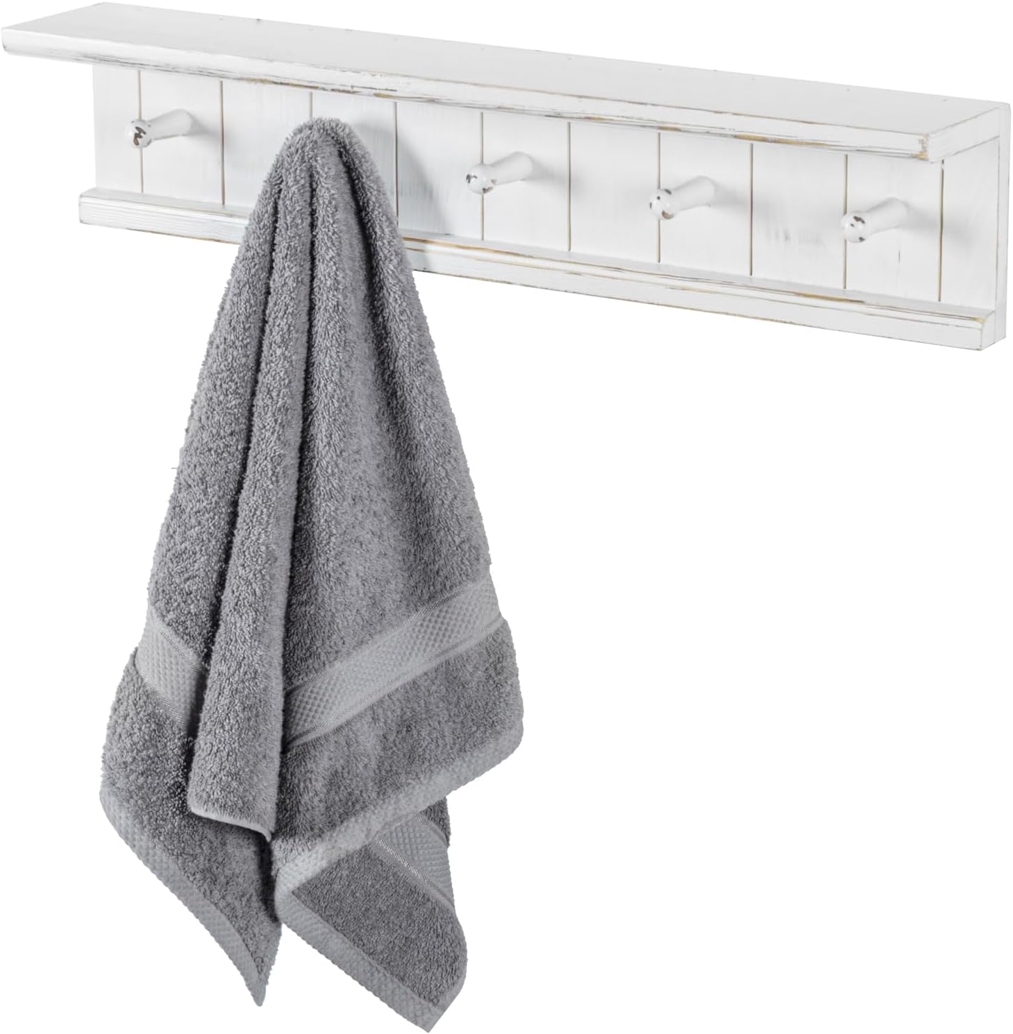 MyGift Wall Mounted White Wood Bathroom Shelf with 5 Hooks Towel Rack | Open Display Shelving with Five Hanging Pegs