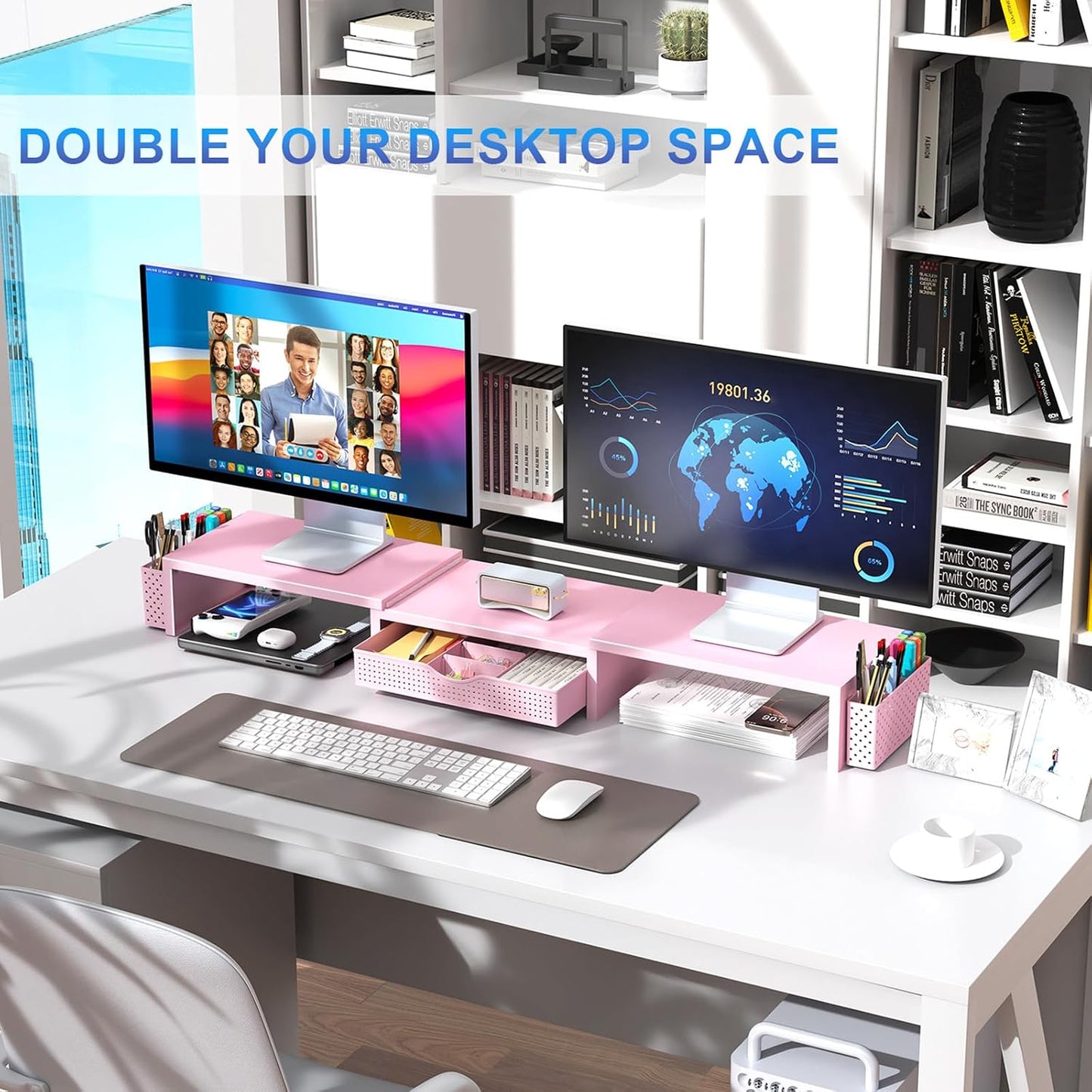 gianotter Dual Monitor Stand Riser With Drawer and 2 Pen Holders | Computer Monitor Stand Desk Organizer and