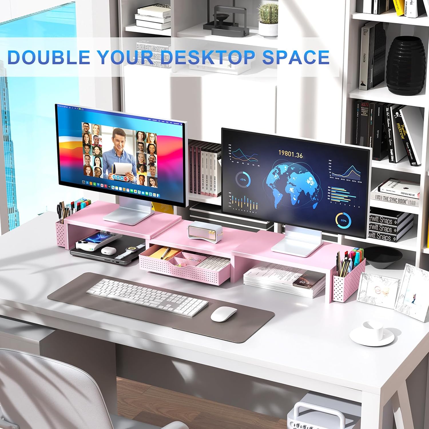 gianotter Dual Monitor Stand Riser With Drawer and 2 Pen Holders | Computer Monitor Stand Desk Organizer and