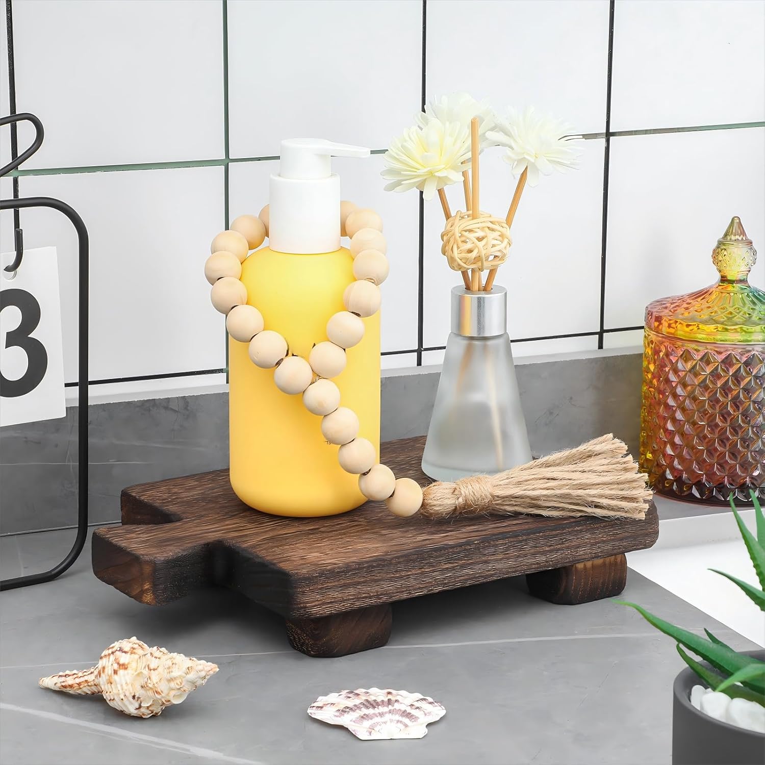 Wood Pedestal Riser Tray Soap Dispenser Stand / Brown