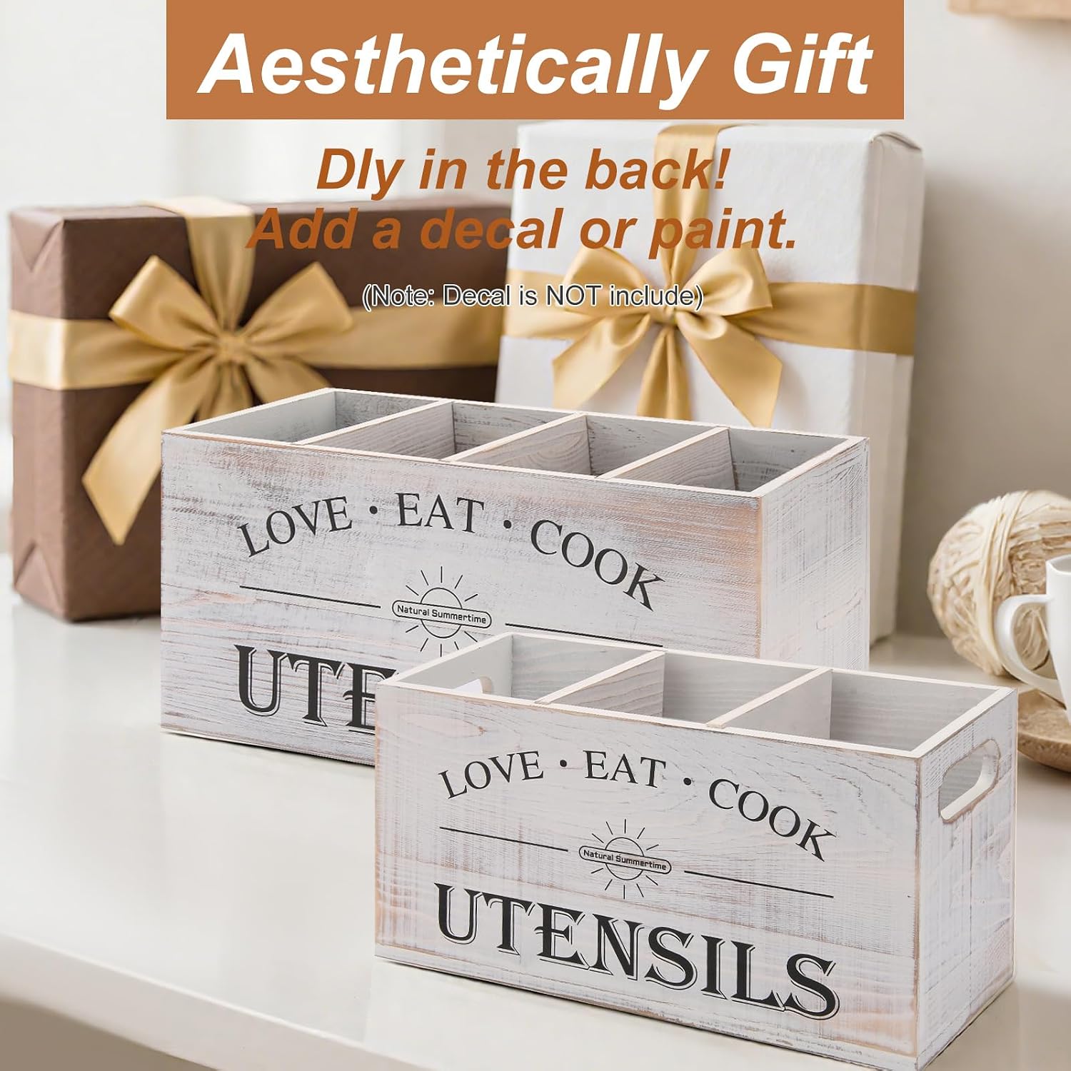 2 PC Wooden Utensil Holder,（With 4-Compartments size*1 + 3-Compartments size*1） Extra Large Kitchen Counter,Cooking