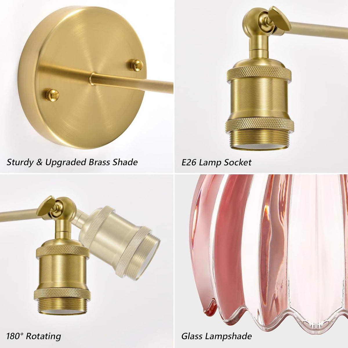 Vintage Battery Operated Wall Sconce, Pink Tulip Glass Lampshade Wireless Rechargeable Battery Powered LED Wall Light