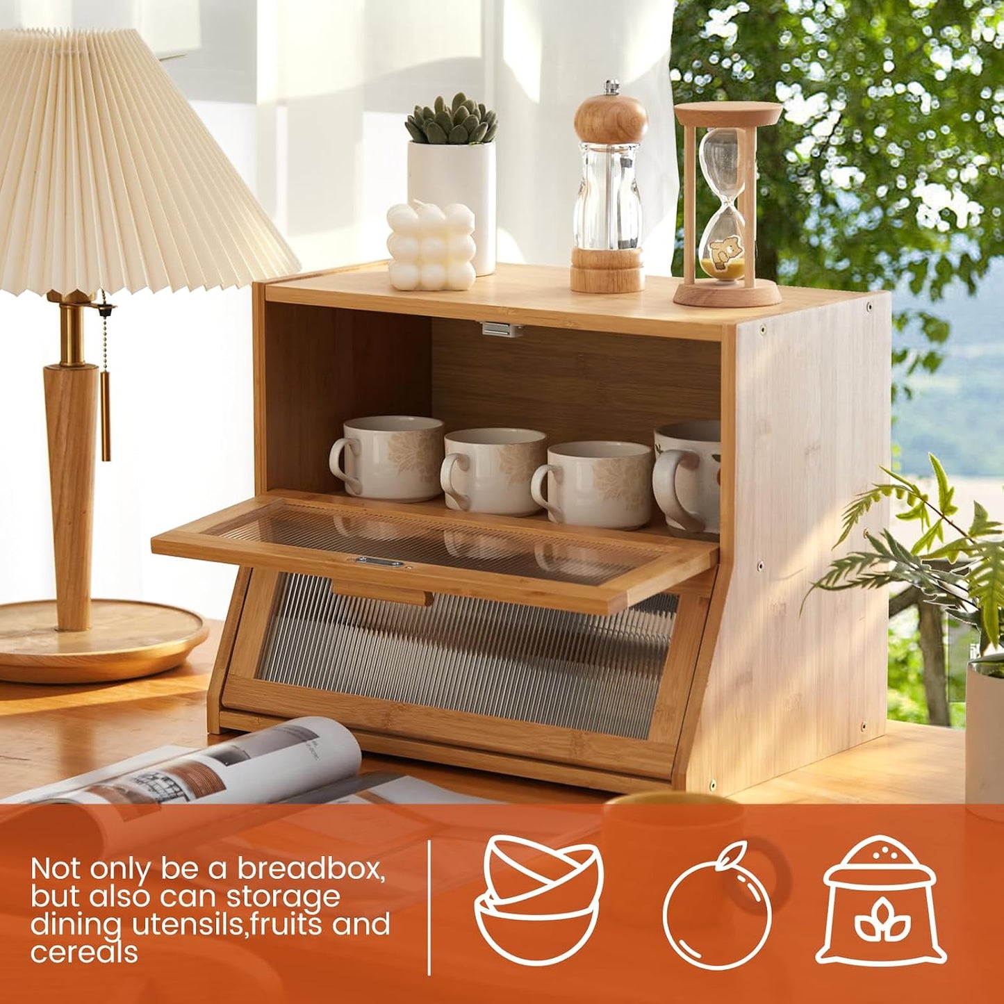 GHWIE Double Layer Bamboo Bread Box for Kitchen Counter,Large Capacity Bread Storage Bin,Bread Container with Acrylic