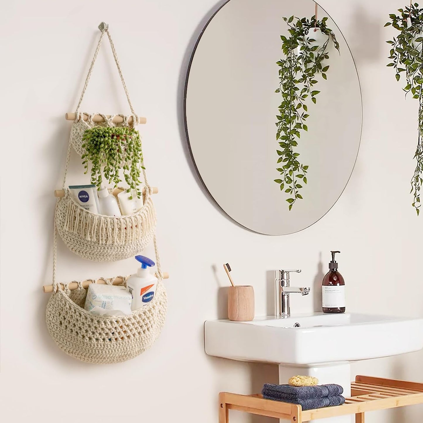 Handmade Woven Cotton Rope Wall Hanging Baskets for Organizing / White