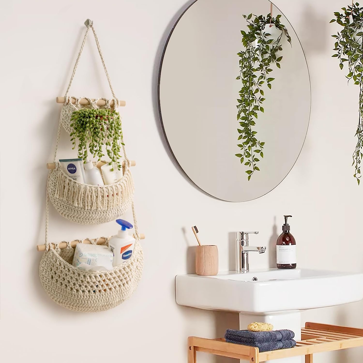 Handmade Woven Cotton Rope Wall Hanging Baskets for Organizing / White