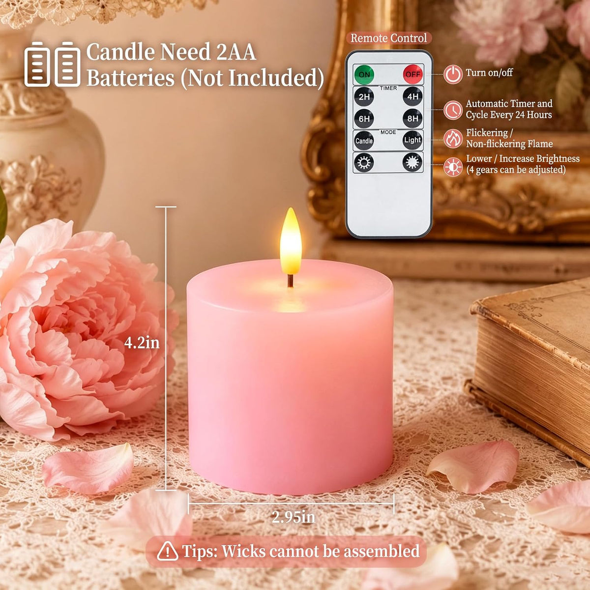 Homemory 3x3 Pink Flameless Candles Battery Operated with Remote Timer | Real Wax LED Pillar Candle with 3D Wick Flame