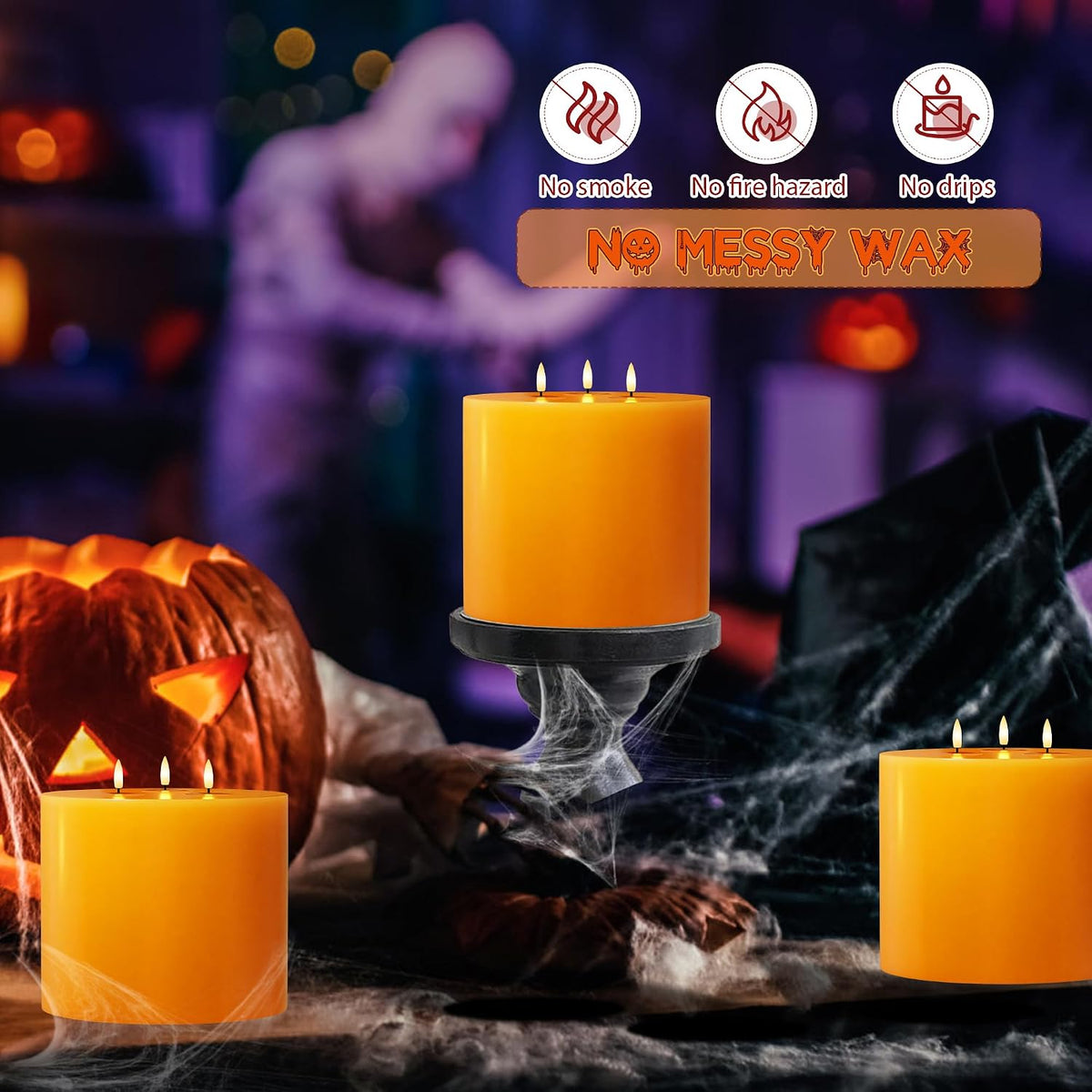 Orange Extra Large Flameless Candles, 6"x6" Battery Operated Candles with Remote, Real Wax Flickering LED Candles with