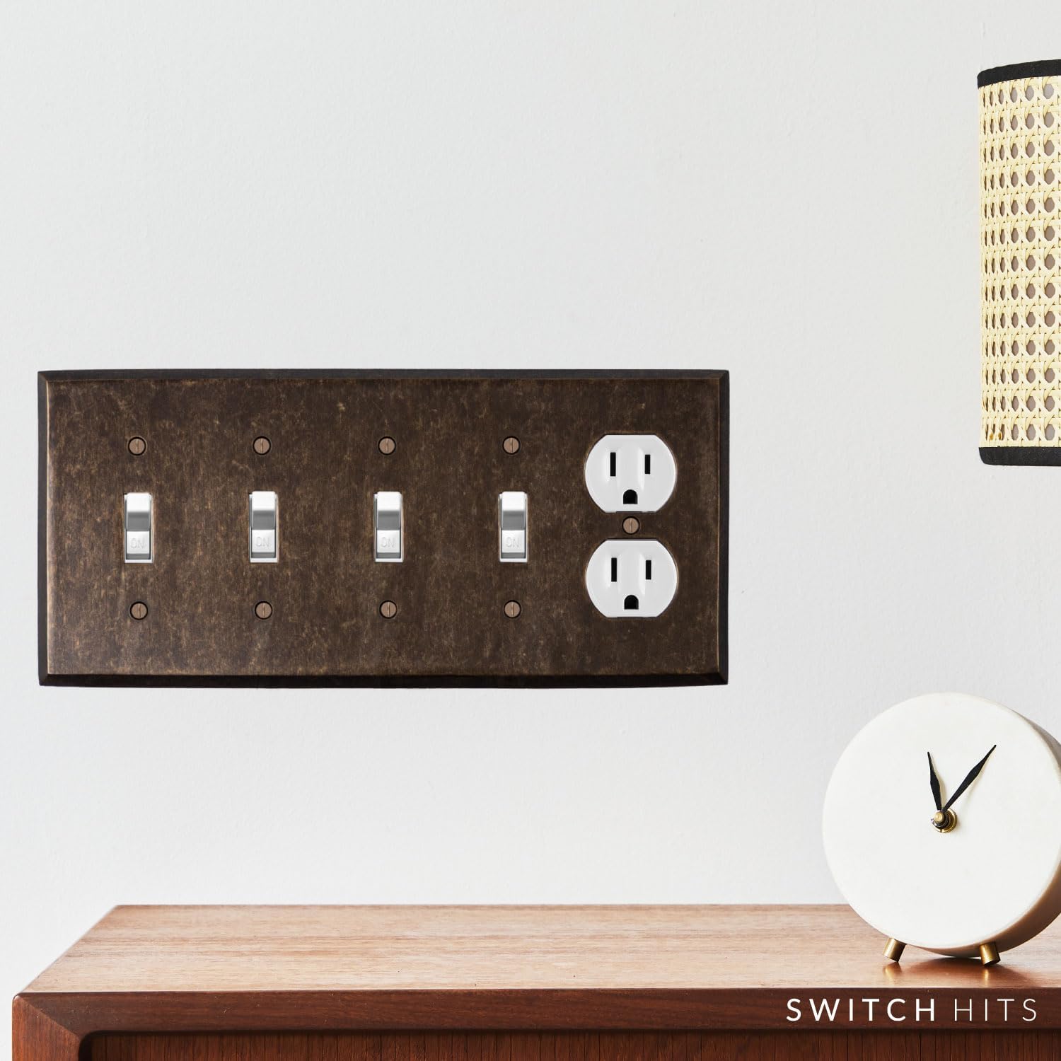 Quad Light Switch Plate Outlet Cover GFCI Wall Plate | 4 Toggle - 1 Duplex Mottled Antique Brass Electrical Faceplate