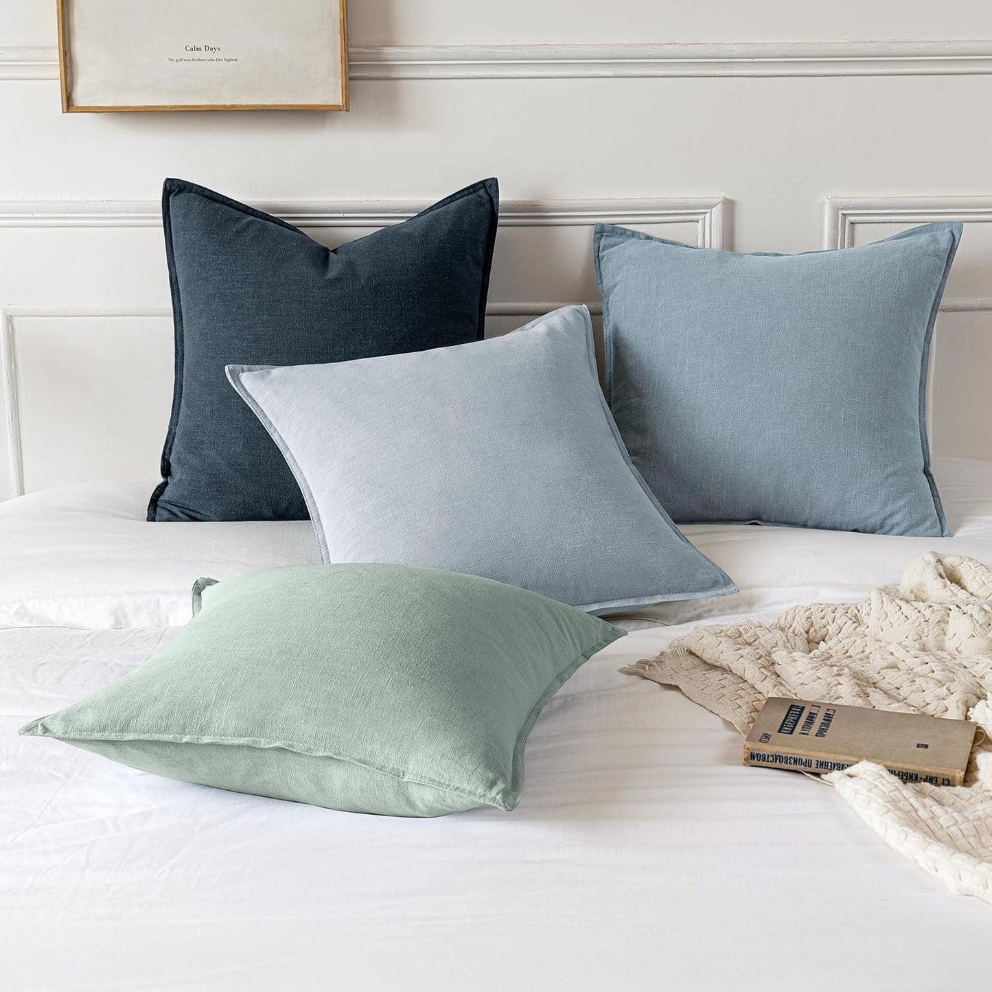 Decorative Linen Pillow Covers ​Boho Farmhouse​ ​Neutral Spring / 20 x 20 / Aqua Green / Set of 2