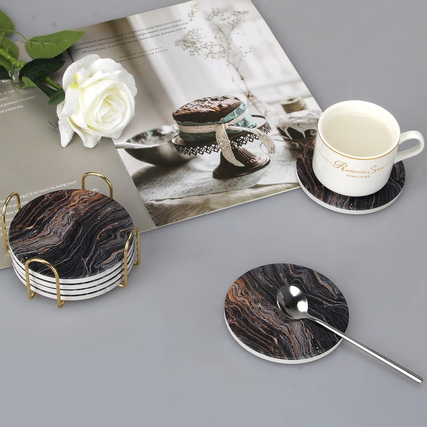 Holder Best Absorbent Drink Coasters Round Ceramic Table Coasters Set / Black Marble / Set of 6
