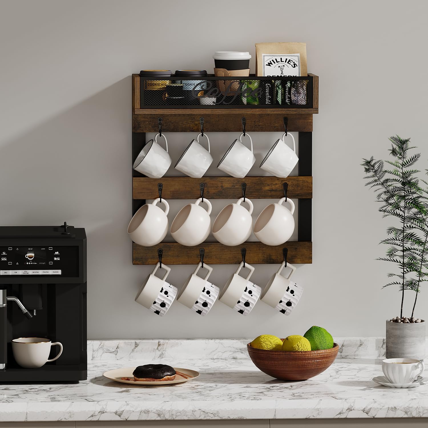 YINMIT Coffee Cup Holder Wall Mounted, 12-Hook Mug and Shelf for Coffee Bar | Rustic Coffee Mug Holder with Plus a Top
