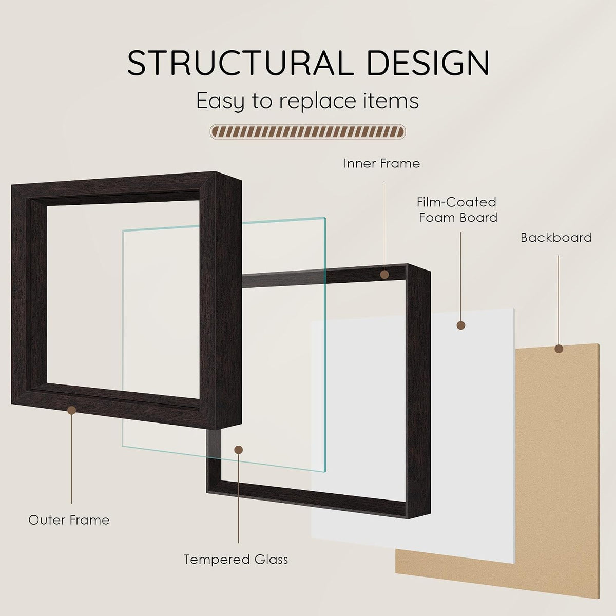 12x12 Brown Wooden Shadow Box Frame, 1.2" Deep, Tempered Glass | Black Backboard, Tabletop & Vertical/Horizontal Wall