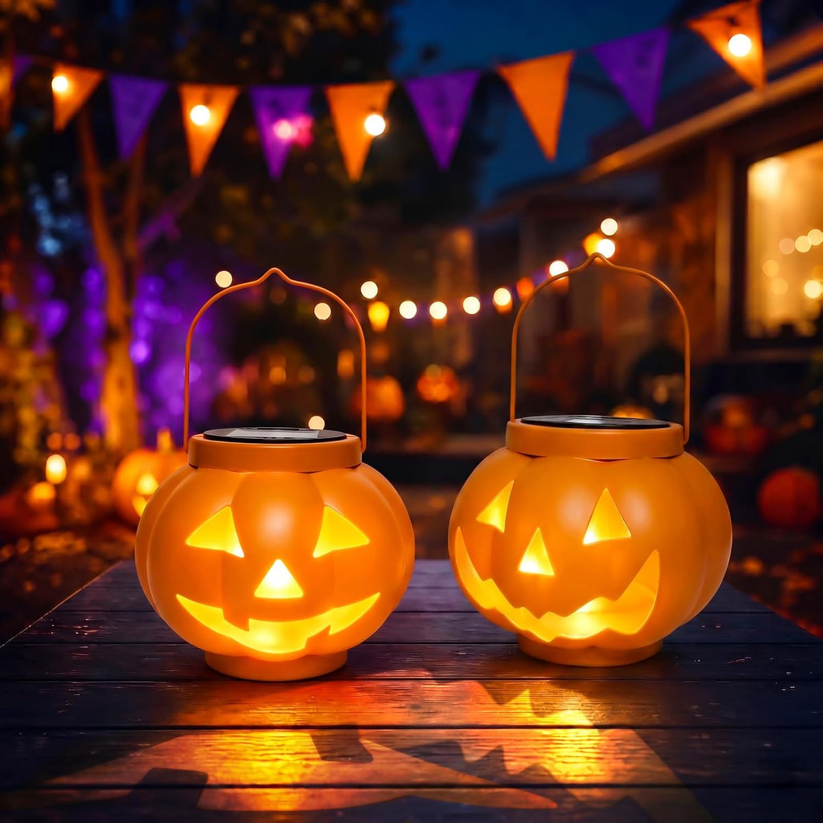 BRIGHTDECK Halloween Pumpkin Solar Lanterns 2 Pack, Jack O Lantern Pumpkin Lights for Halloween Decorations Outdoor