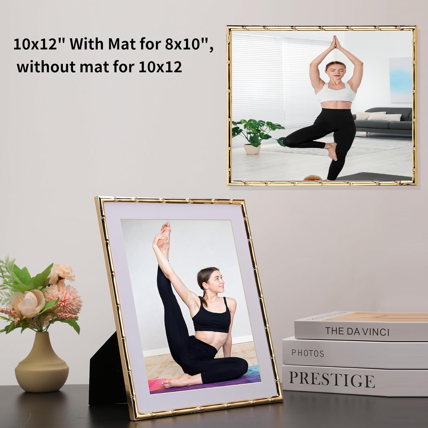YiPinYin 10x12'' Dark Gold Metal Bamboo Detail Picture Frame with Acid Free Mat for 8x10'' Set of 2,Elegant Narrow Gold