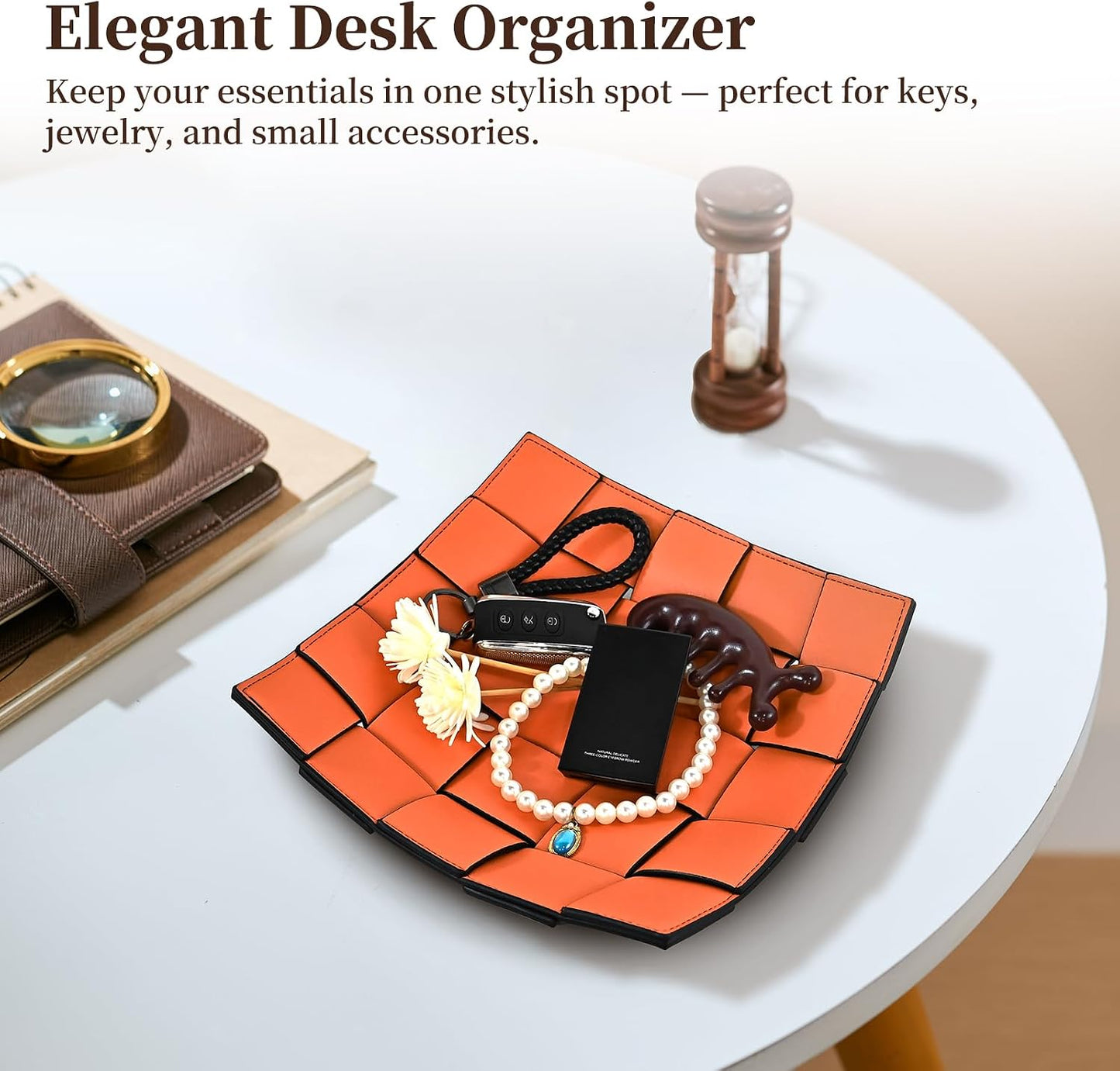 Valet Tray PU Leather Key Holder Bowl for Women and Men Entryway Table Nightstand / Orange + Black