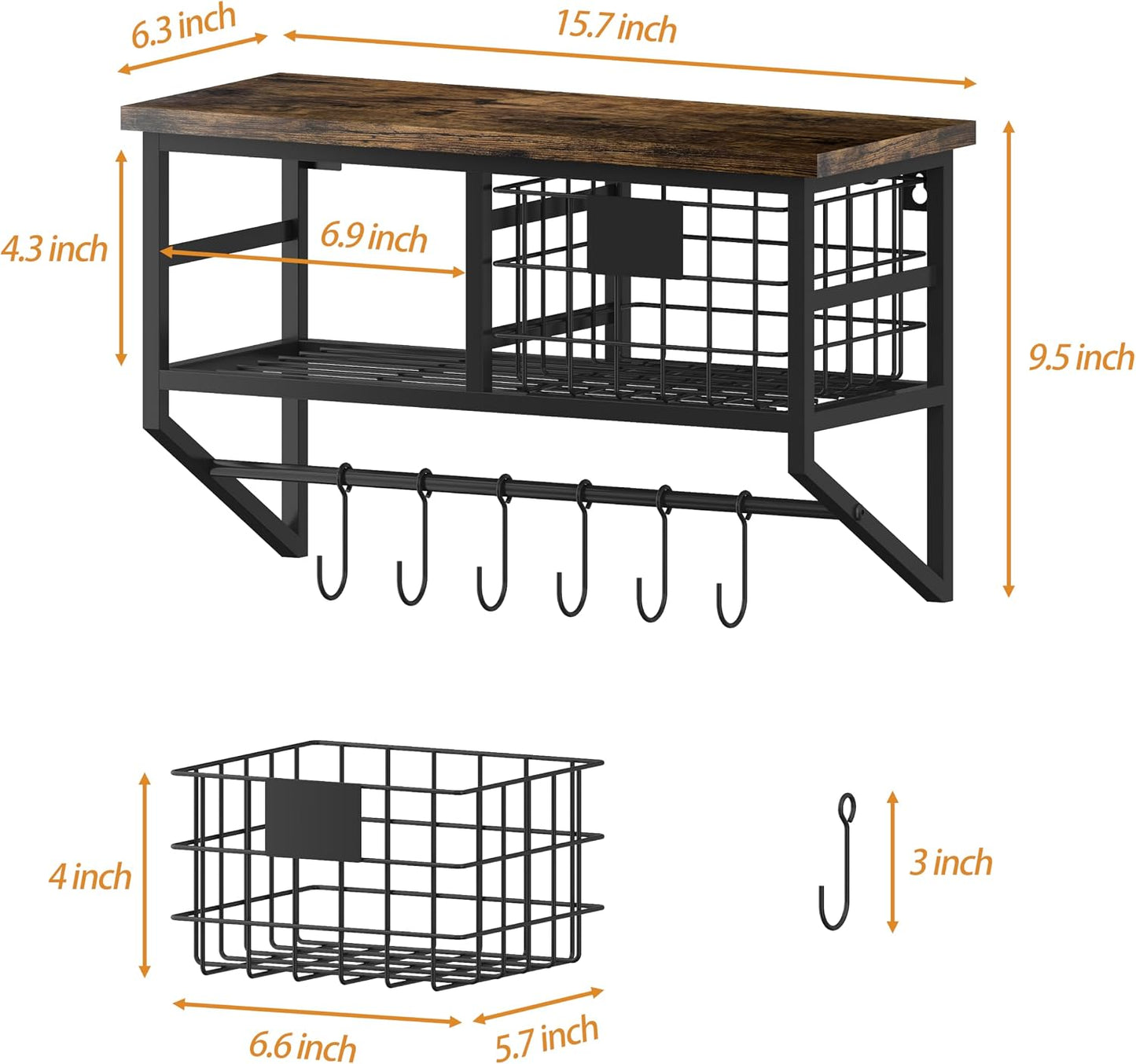 Helsin Industrial Wall Mounted Metal Wood Floating Shelves with Baskets Hooks Hanging Display Shelf Sundries Holder for