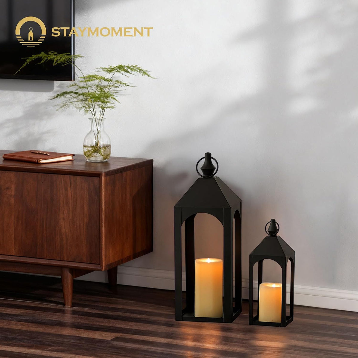 17" & 11" Black Metal Outdoor Floor Lantern, Front Porch Decor | Set of 2 Lanterns Decorative Indoor with Rust-proof