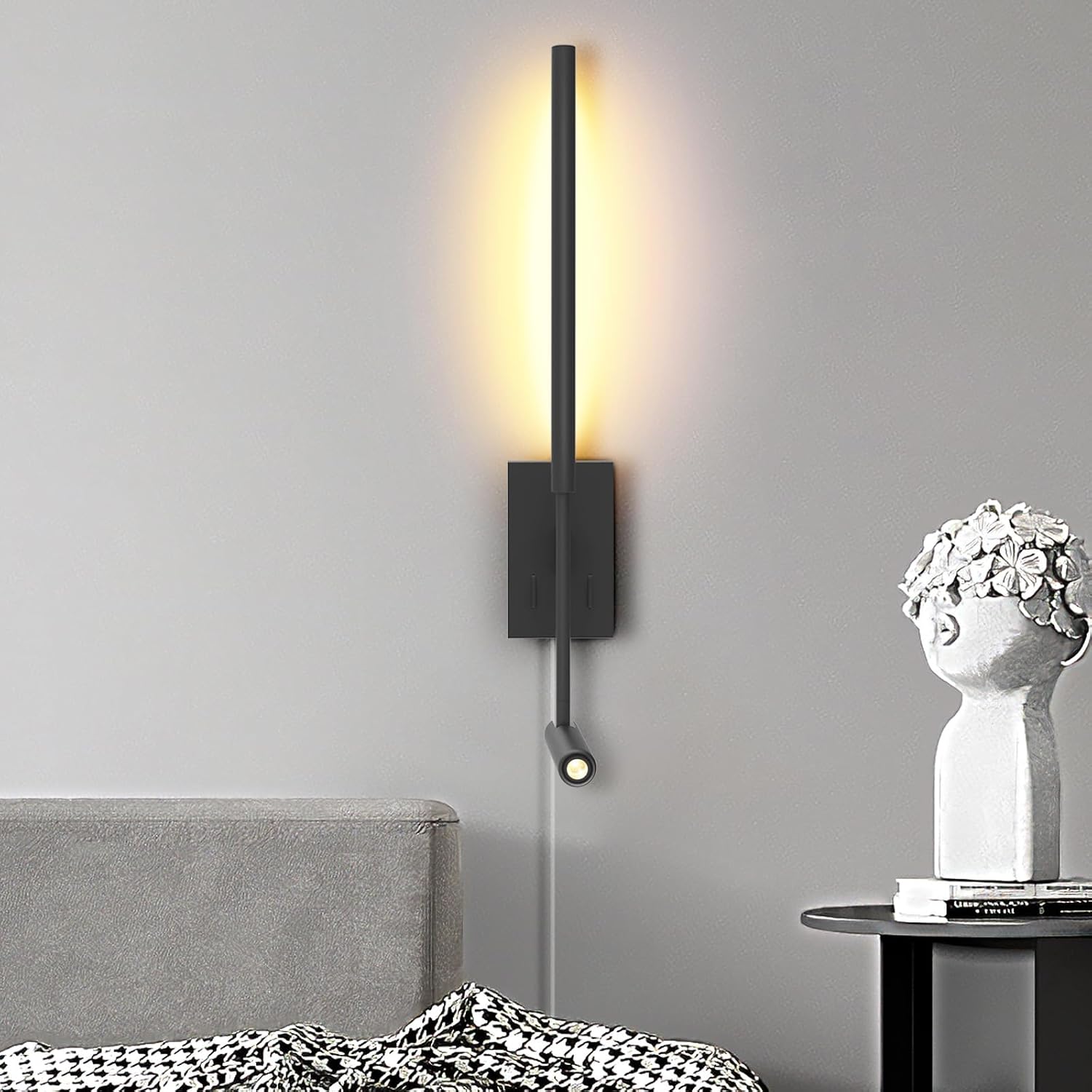 ZEROUNO Modern Plug in Wall Sconce Indoor Wall Light, Minimalist LED Line Wall Lamp with Switch, Adjustable Matte Black