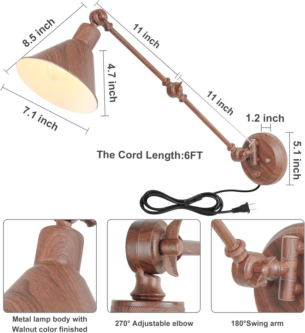 TRLIFE Plug in Wall Sconces, Dimmable Wall Sconces Set of 2 Plug in Swing Arm Wall Lights, Adjustable Wall Mounted