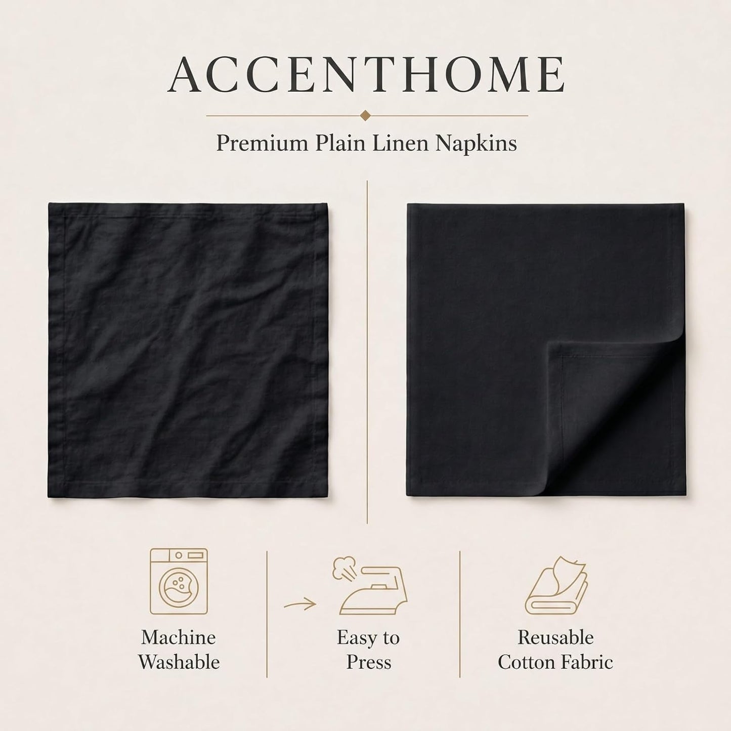 ACCENTHOME Black Cotton Linen Napkin Set of 12 18x18 inch Dinner Napkins | Cotton Linen Blend Napkins, Machine Wash On