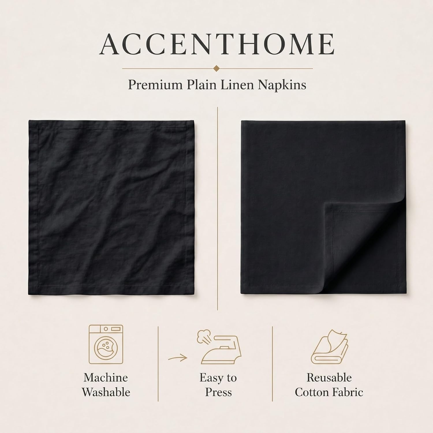 ACCENTHOME Black Cotton Linen Napkin Set of 12 18x18 inch Dinner Napkins | Cotton Linen Blend Napkins, Machine Wash On