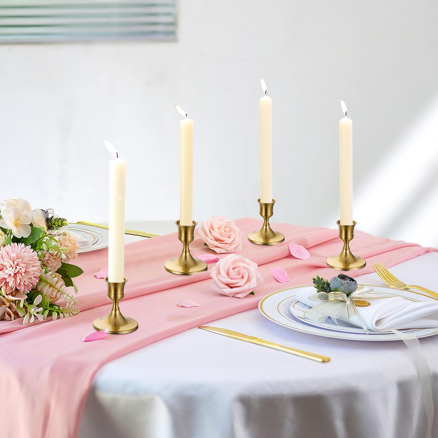 Sziqiqi Gold Candlestick Candle Holders, Set of 12, for Wedding Table | for 0.87" Taper Candle, Bulk, for Christmas