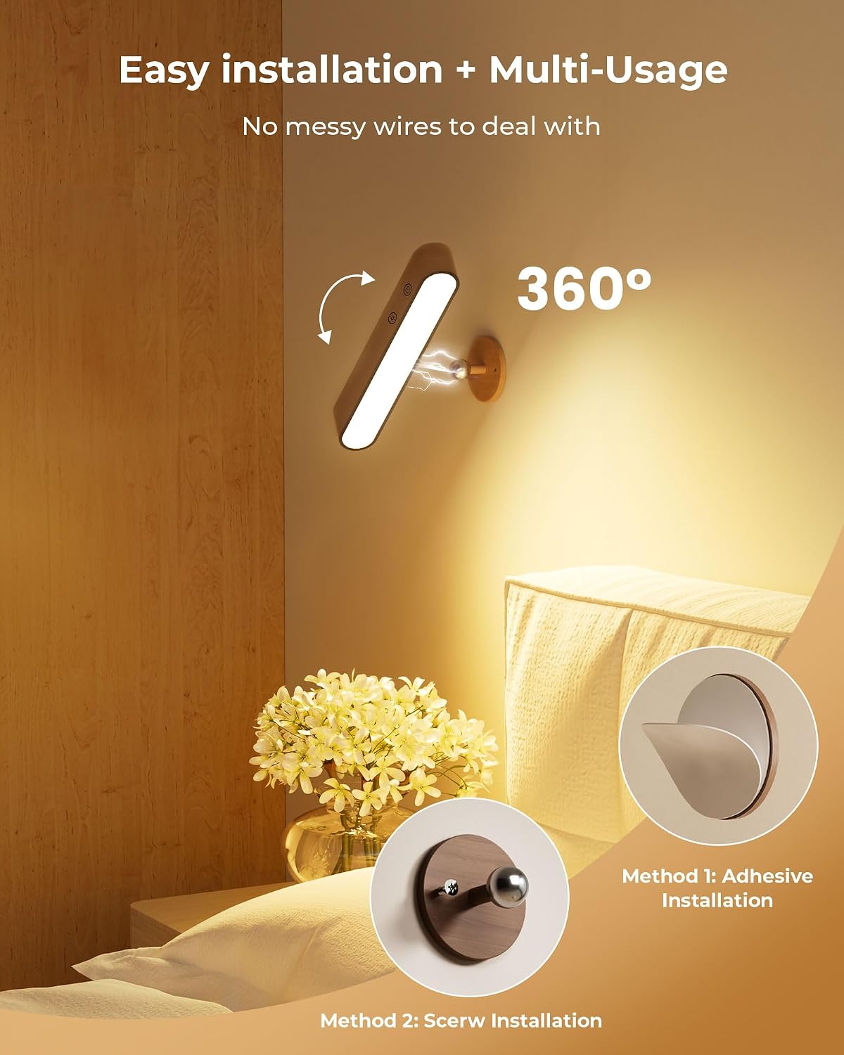 Rechargeable Wall Sconces Set of Two, Walnut Wood Battery Operated Wall Sconce, Magnetic Wall Lights for Bedroom with