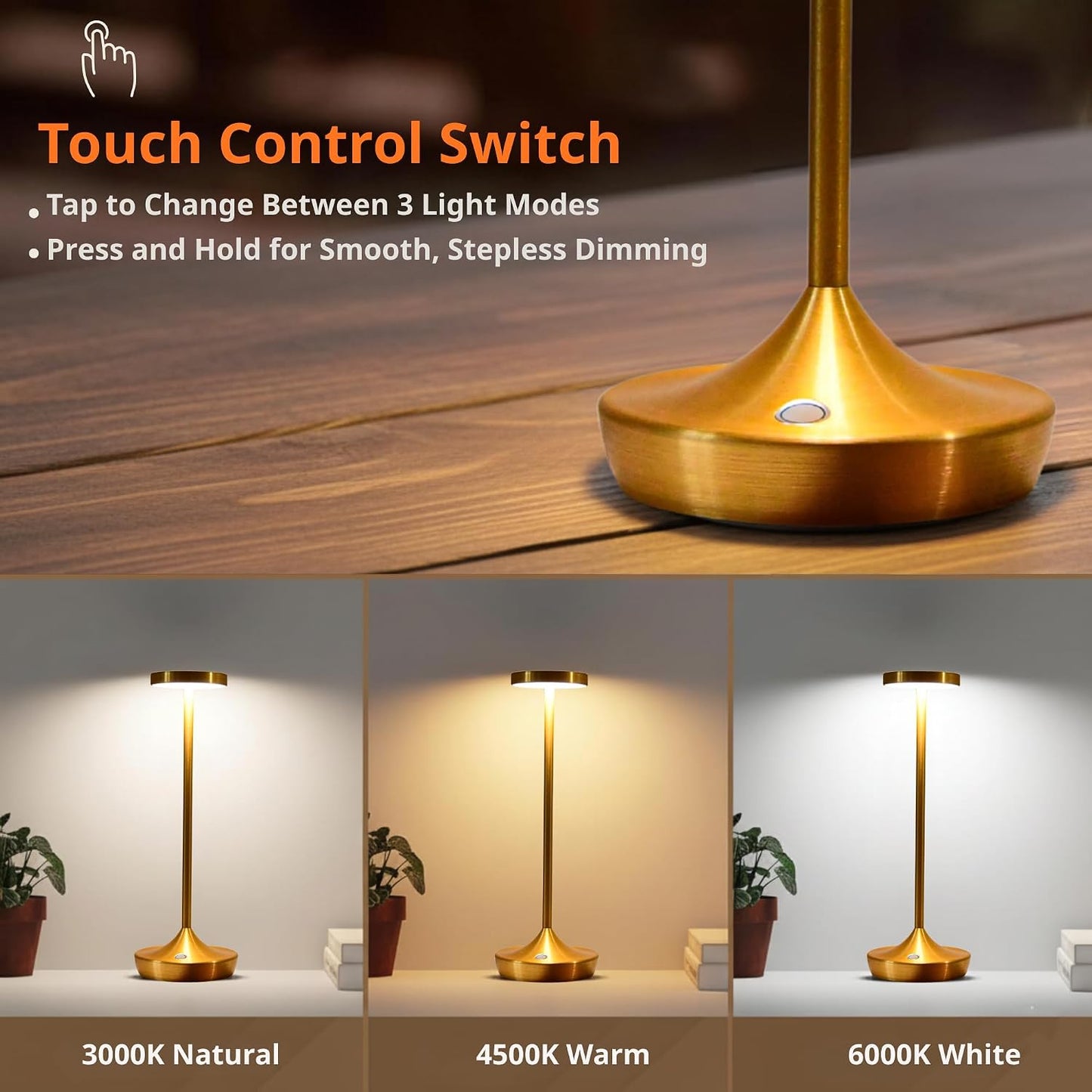 2 Pack Gold Cordless Table Lamps, Rechargeable 6000mAh, 72H Runtime | Stepless Touch Dimming with 3 Color Modes &