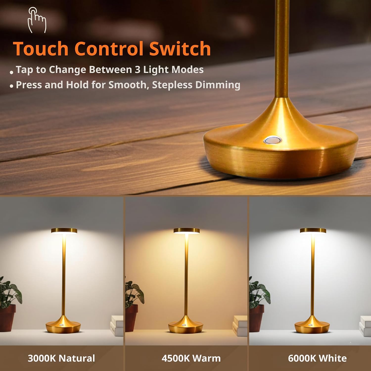 2 Pack Gold Cordless Table Lamps, Rechargeable 6000mAh, 72H Runtime | Stepless Touch Dimming with 3 Color Modes &