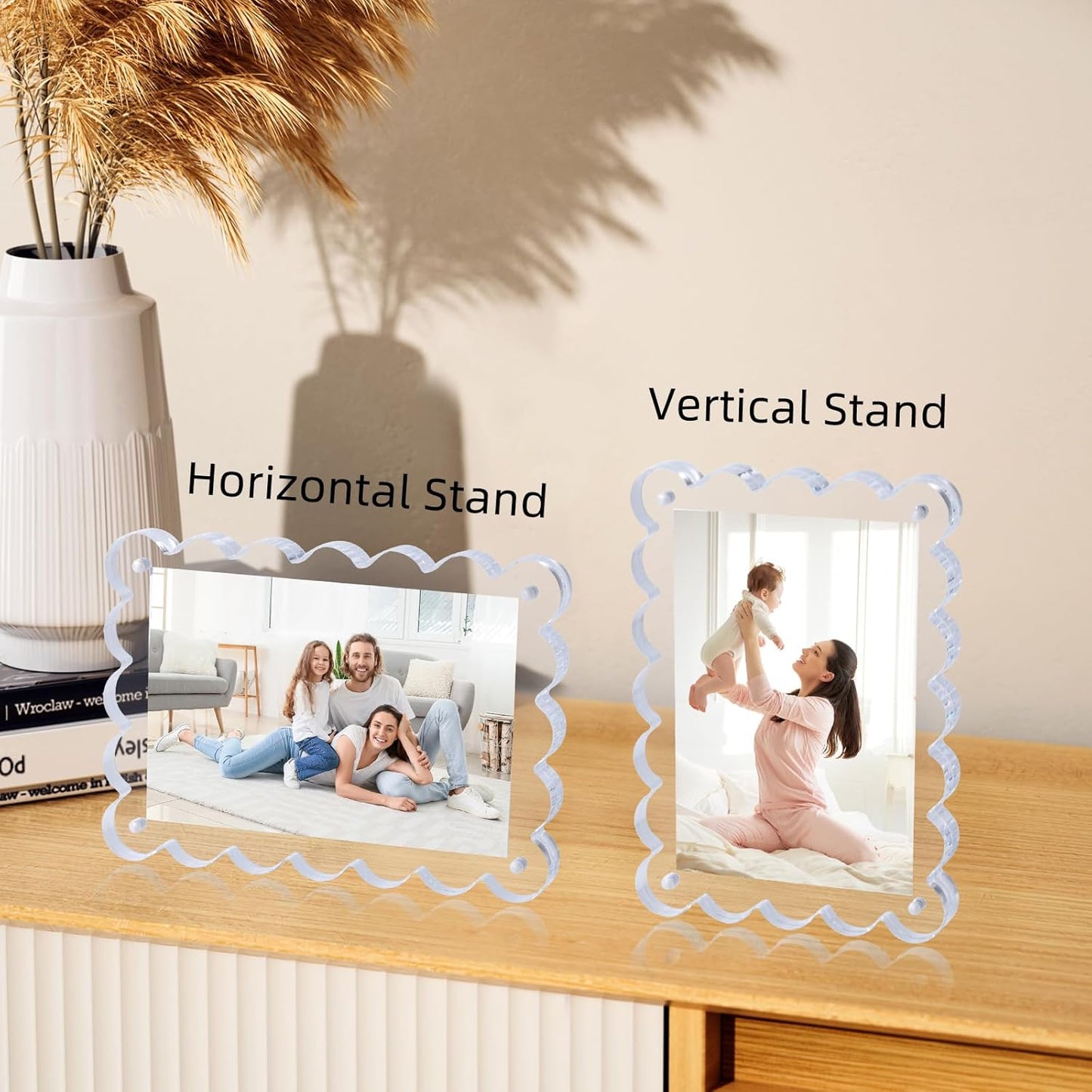 Chivalral 3 Pack 4x6 Acrylic Picture Frame, Double-Sided Tabletop Display | Scalloped Edge Design,10+10mmThick,Magnetic