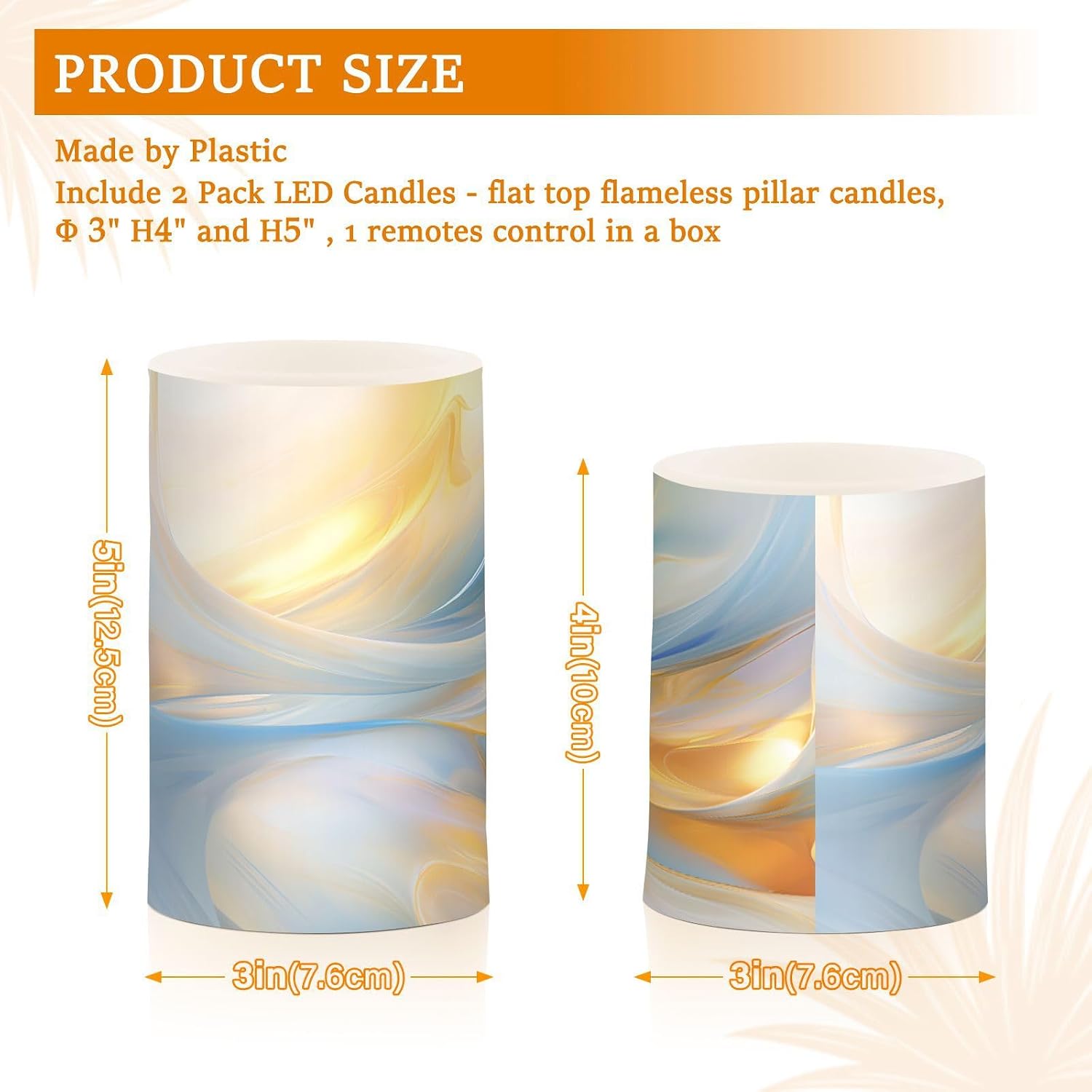 Flickering Flameless Candles, Blue Gold Marble LED Candles with Remote Timer, Set of 2 Battery Operated Candle for