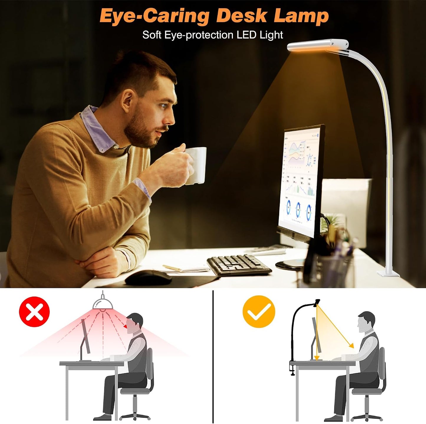 Airlonv LED Desk Lamp with Clamp, 17" Stepless Dimming Light, White | 2700K-6500K, 100 LEDs, 360° Gooseneck, Fits Up to