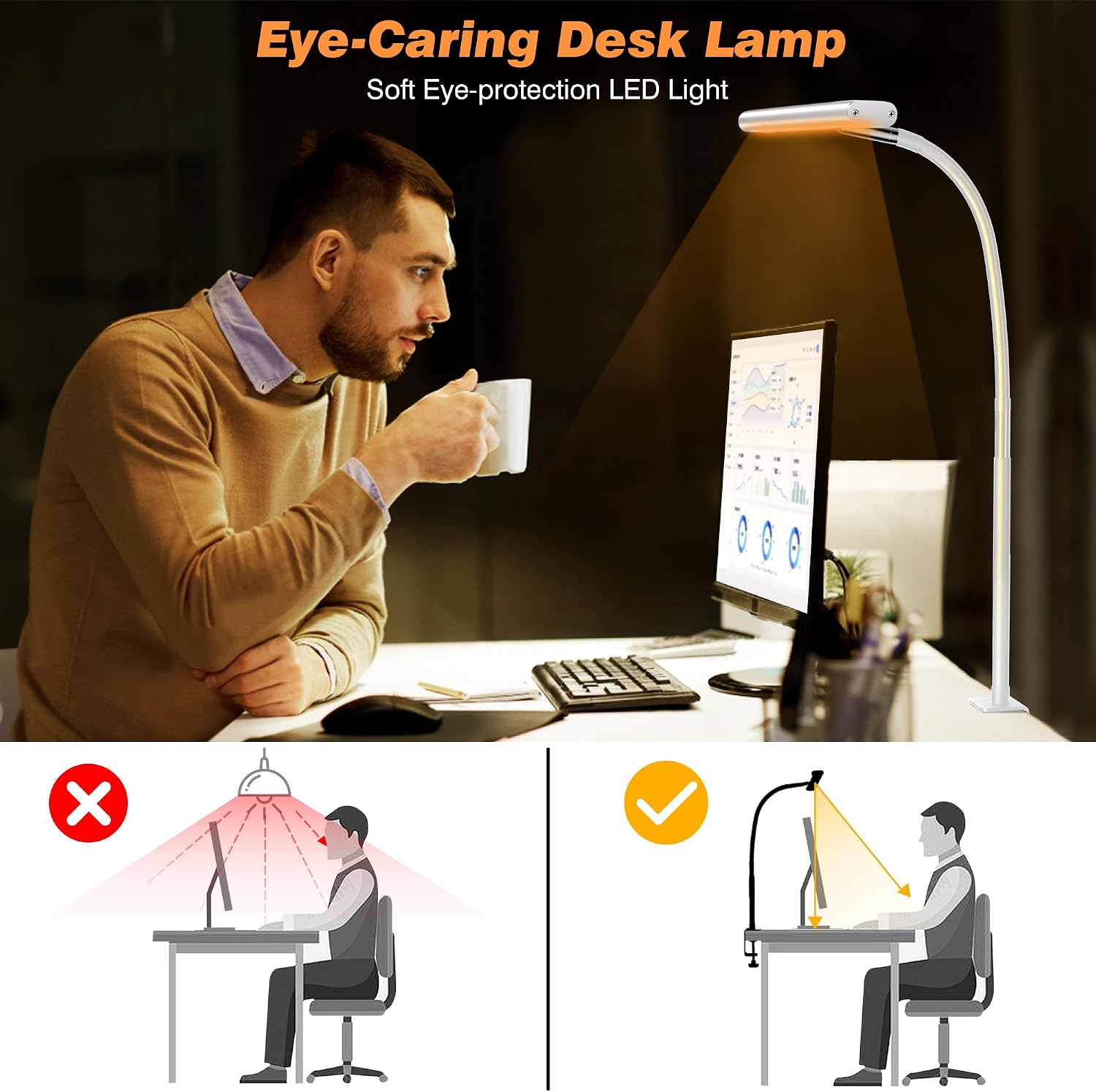 Airlonv LED Desk Lamp with Clamp, 17" Stepless Dimming Light, White | 2700K-6500K, 100 LEDs, 360° Gooseneck, Fits Up to