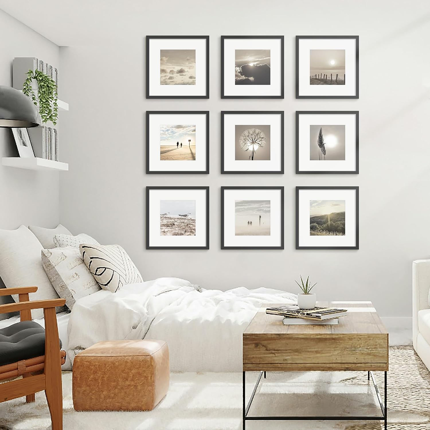 12x12 Picture Frame Sef of 10, for Wall Gallery Decor, Black | Display Pictures 8x8 with Mat or 12 x 12 Without Mat