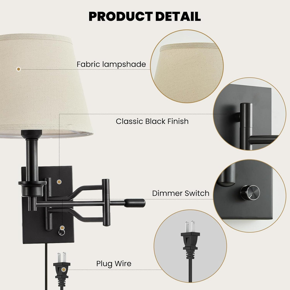 15" Black Swing Arm Wall Sconce Adjustable Wall Lamp, Plug in Wall Sconce with Dimmer Switch, Wall Mounted Reading